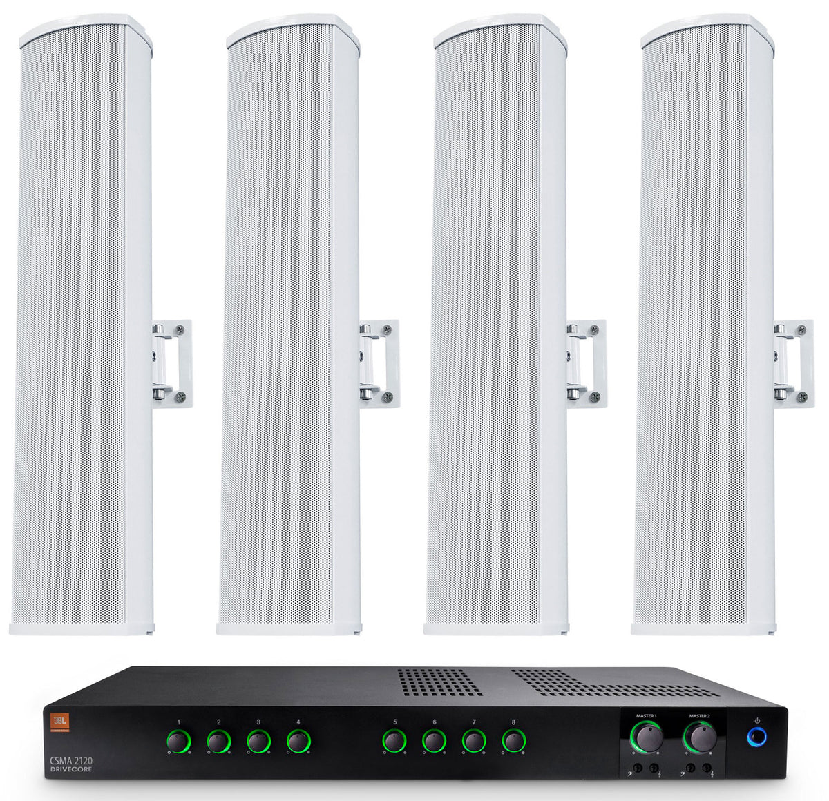 CSMA 2120 2x120W Amplifier + (4) White Column Line Array Speakers