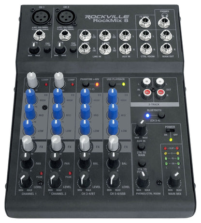 Rockville ROCKMIX 8 Channel Mixer w USB Recording Interface+Compressor+Bluetooth