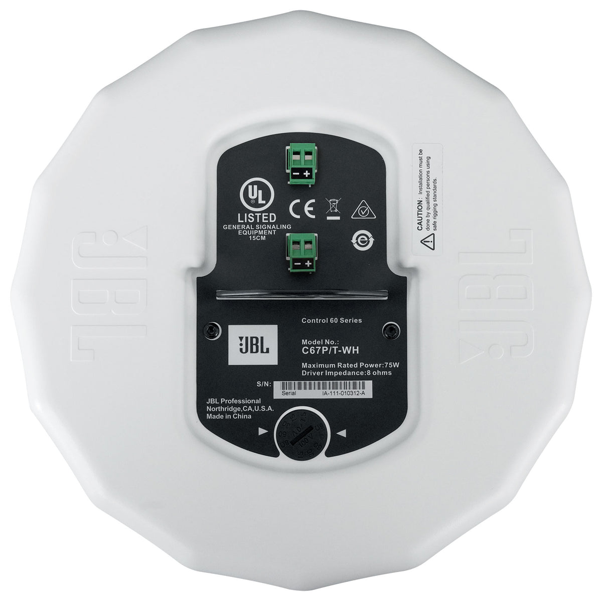 (2) JBL Control 67 P/T 6.5" 60w Commercial 70v White Pendant Speakers C67P/T-WH