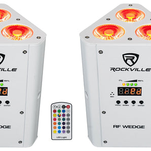 2 Rockville RF WEDGE WHITE RGBWA+UV Battery Wireless DMX DJ Up Lights+RF Remotes