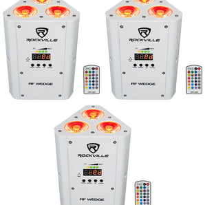3 Rockville RF WEDGE WHITE RGBWA+UV Battery Wireless DMX DJ Up Lights+RF Remotes