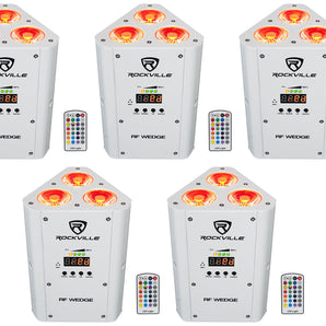 5 Rockville RF WEDGE WHITE RGBWA+UV Battery Wireless DMX DJ Up Lights+RF Remotes