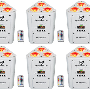 6 Rockville RF WEDGE WHITE RGBWA+UV Battery Wireless DMX DJ Up Lights+RF Remotes