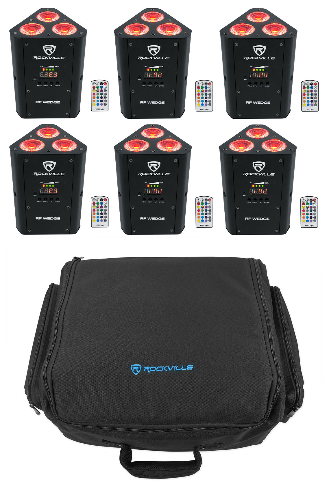 (6) RF WEDGE BLACK RGBWA+UV Wireless DMX Lights + Remotes + RLBP6 Backpack