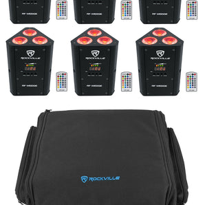 6 Rockville RF WEDGE BLACK RGBWA+UV Battery Wireless DMX Lights+Remotes+Backpack