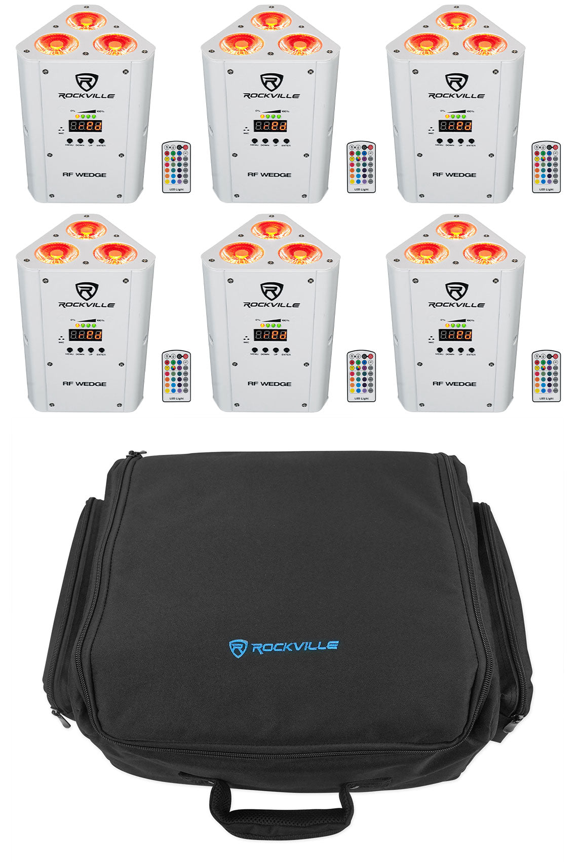 (6) RF WEDGE WHITE RGBWA+UV Wireless DMX Lights + Remotes + RLBP6 Backpack