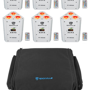 6 Rockville RF WEDGE WHITE RGBWA+UV Battery Wireless DMX Lights+Remotes+Backpack
