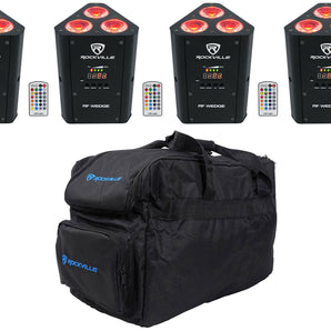 (4) Rockville RF WEDGE BLACK RGBWA+UV Battery Wireless DMX Up Lights+Remotes+Bag