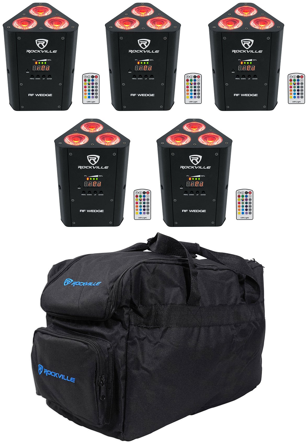 (5) RF WEDGE BLACK RGBWA+UV Battery Wireless DMX Up Lights + Remotes + Bag