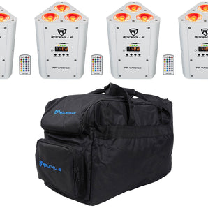 (4) Rockville RF WEDGE WHITE RGBWA+UV Battery Wireless DMX Up Lights+Remotes+Bag