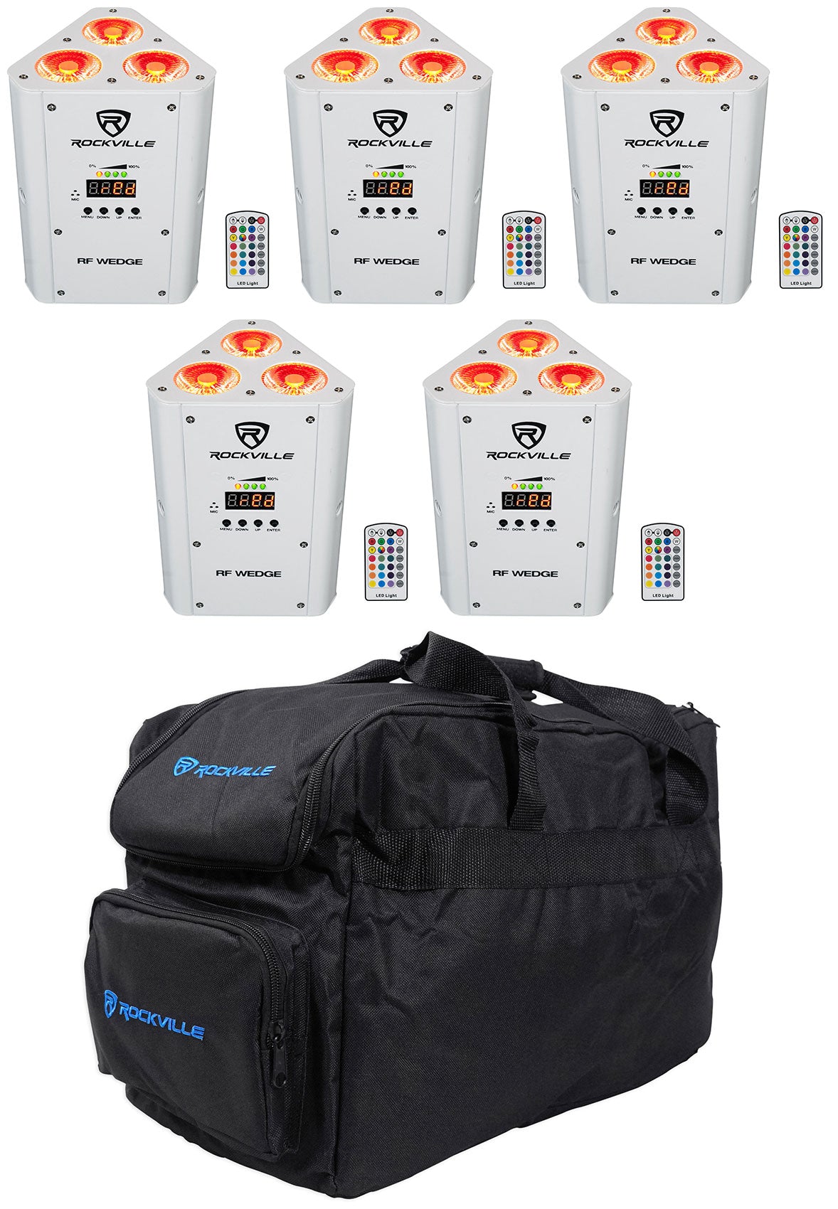 (5) RF WEDGE WHITE RGBWA+UV Battery Wireless DMX Up Lights + Remotes + Bag