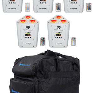 (5) Rockville RF WEDGE WHITE RGBWA+UV Battery Wireless DMX Up Lights+Remotes+Bag