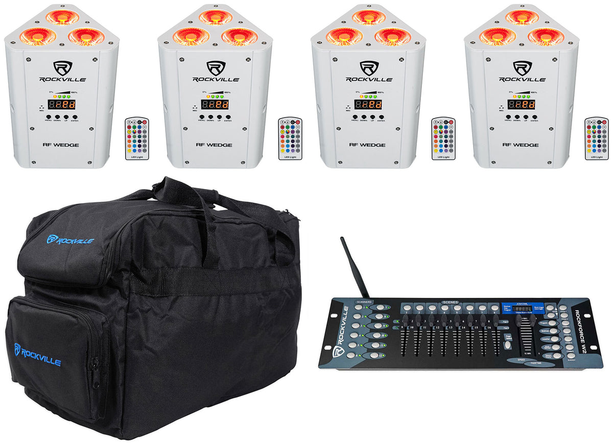 (4) RF WEDGE WHITE RGBWA+UV Battery Wireless DMX Lights+Bag+Controller