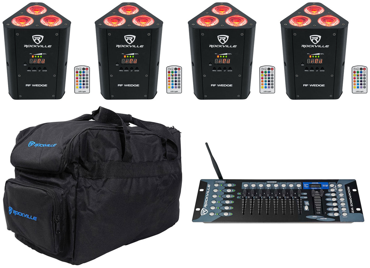 (4) RF WEDGE BLACK RGBWA+UV Battery Wireless DMX Lights+Bag+Controller