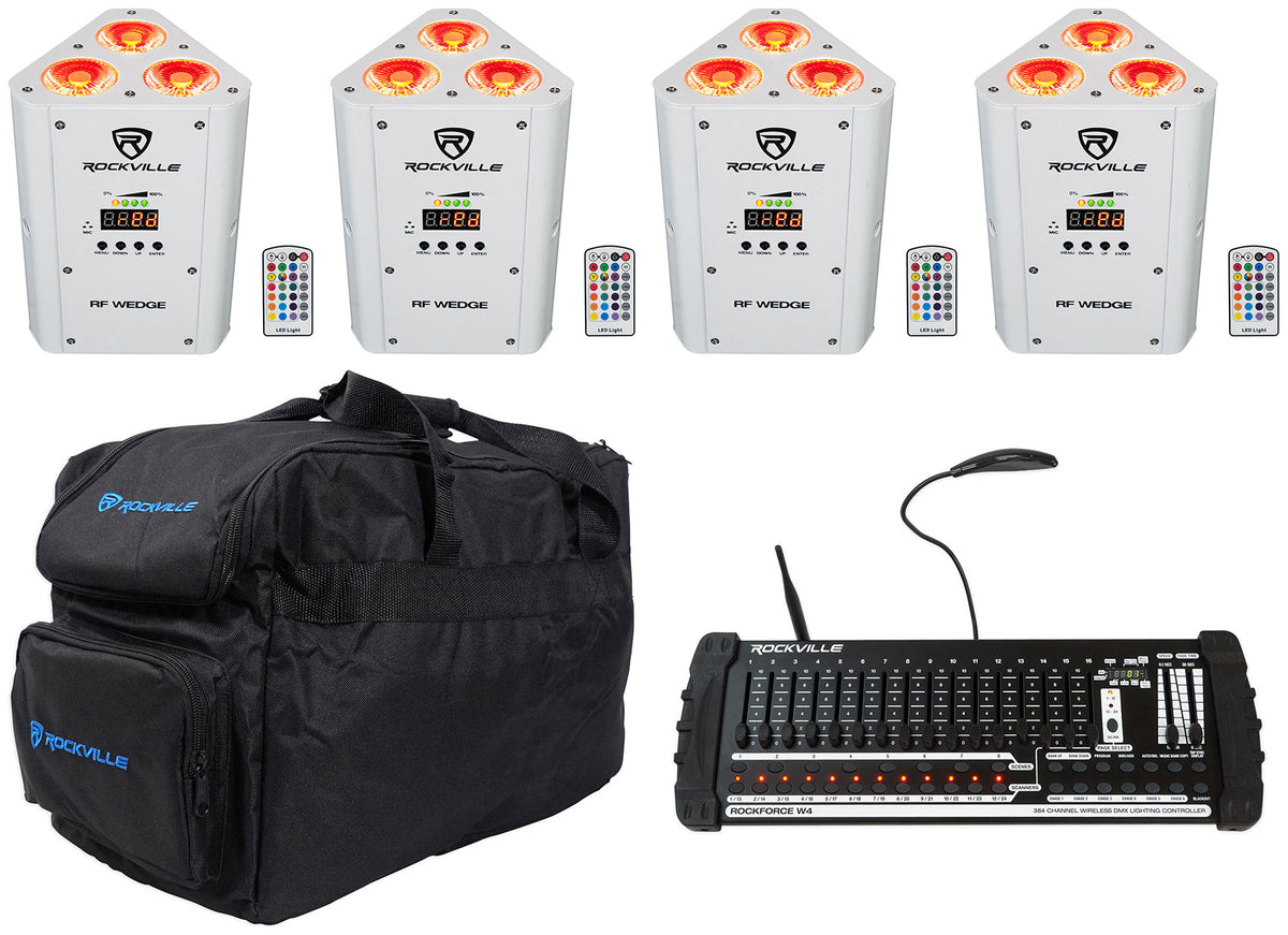 (4) RF WEDGE WHITE RGBWA+UV Wireless DMX Lights+384 Ch. Controller+Bag