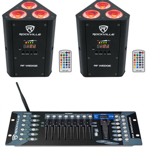 (2) Rockville RF WEDGE BLACK RGBWA+UV Battery Wireless DMX Up Lights+Controller