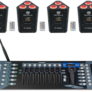(4) Rockville RF WEDGE BLACK RGBWA+UV Battery Wireless DMX Up Lights+Controller