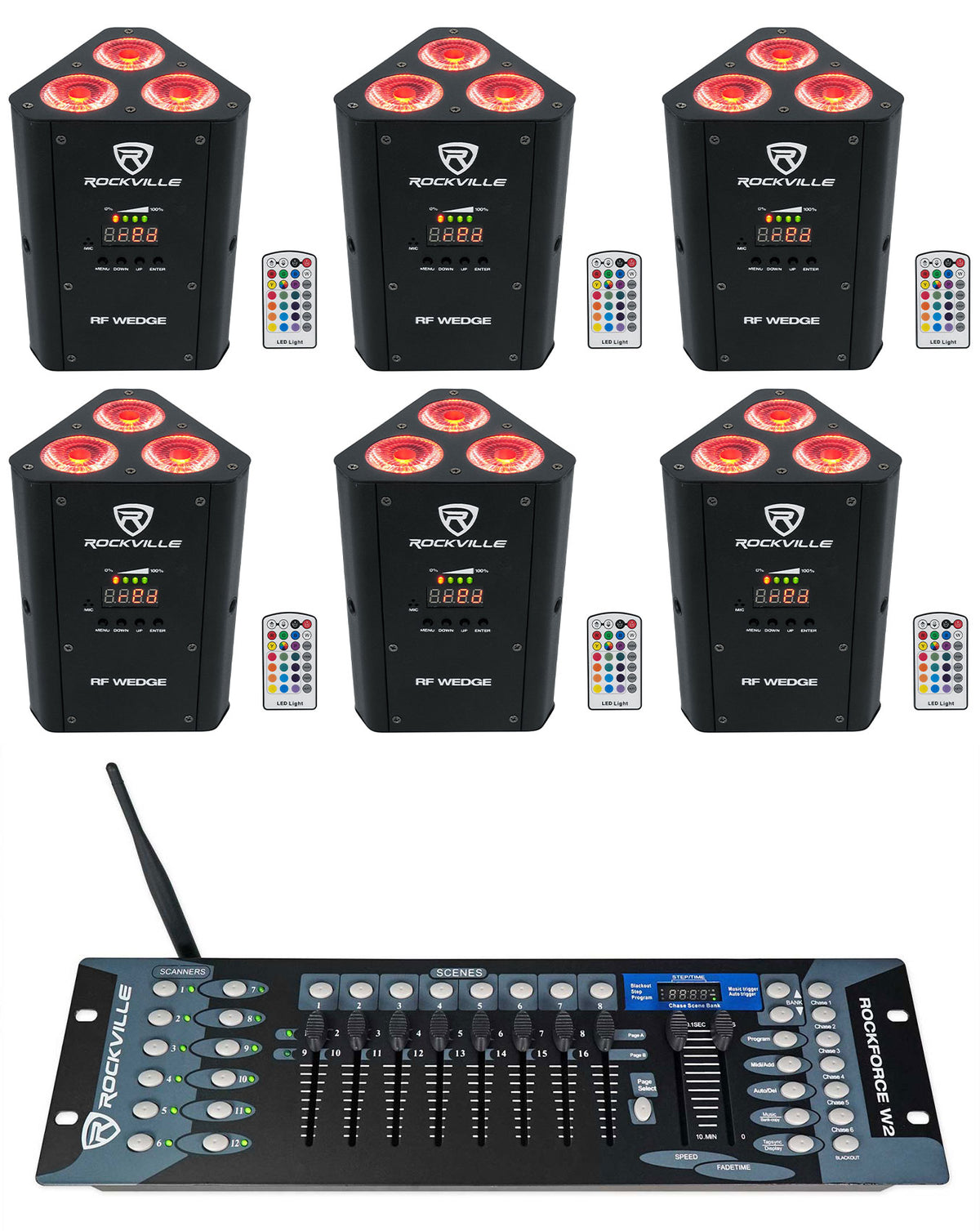 (6) RF WEDGE BLACK RGBWA+UV Wireless DMX Up Lights + ROCKFORCE W2 Controller