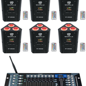 (6) Rockville RF WEDGE BLACK RGBWA+UV Battery Wireless DMX Up Lights+Controller