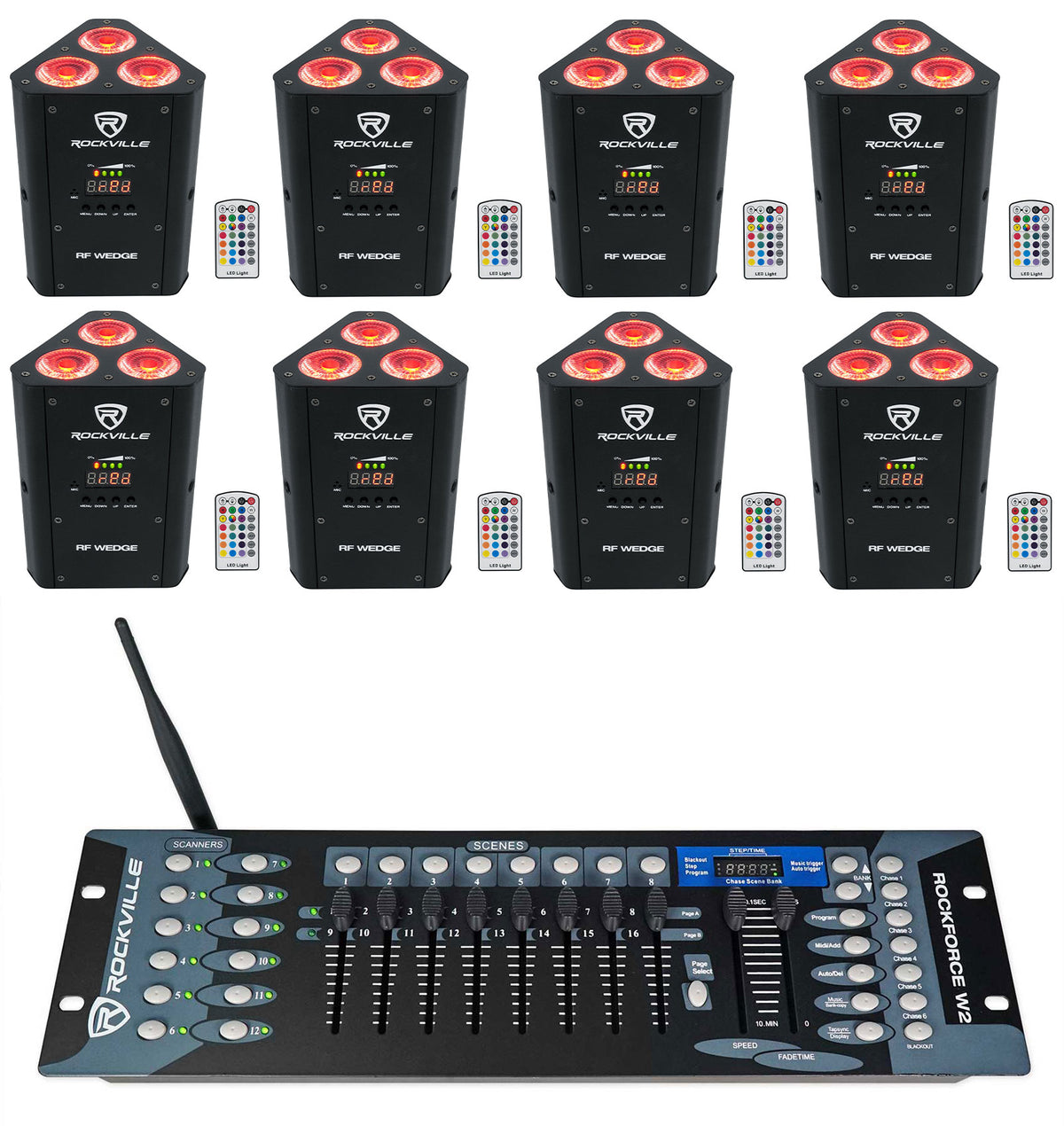 (8) RF WEDGE BLACK RGBWA+UV Battery Wireless DMX Up Lights+Controller