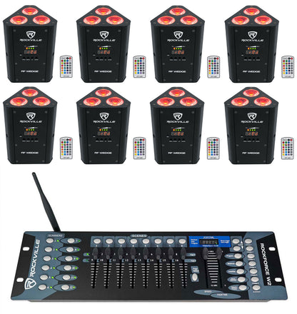 (8) RF WEDGE BLACK RGBWA+UV Battery Wireless DMX Up Lights+Controller