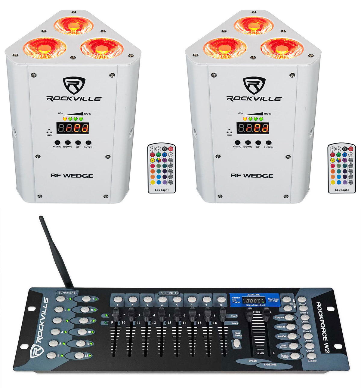 (2) RF WEDGE WHITE RGBWA+UV Battery Wireless DMX Up Lights+Controller