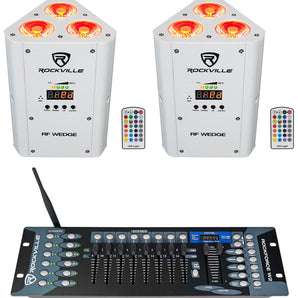 (2) Rockville RF WEDGE WHITE RGBWA+UV Battery Wireless DMX Up Lights+Controller