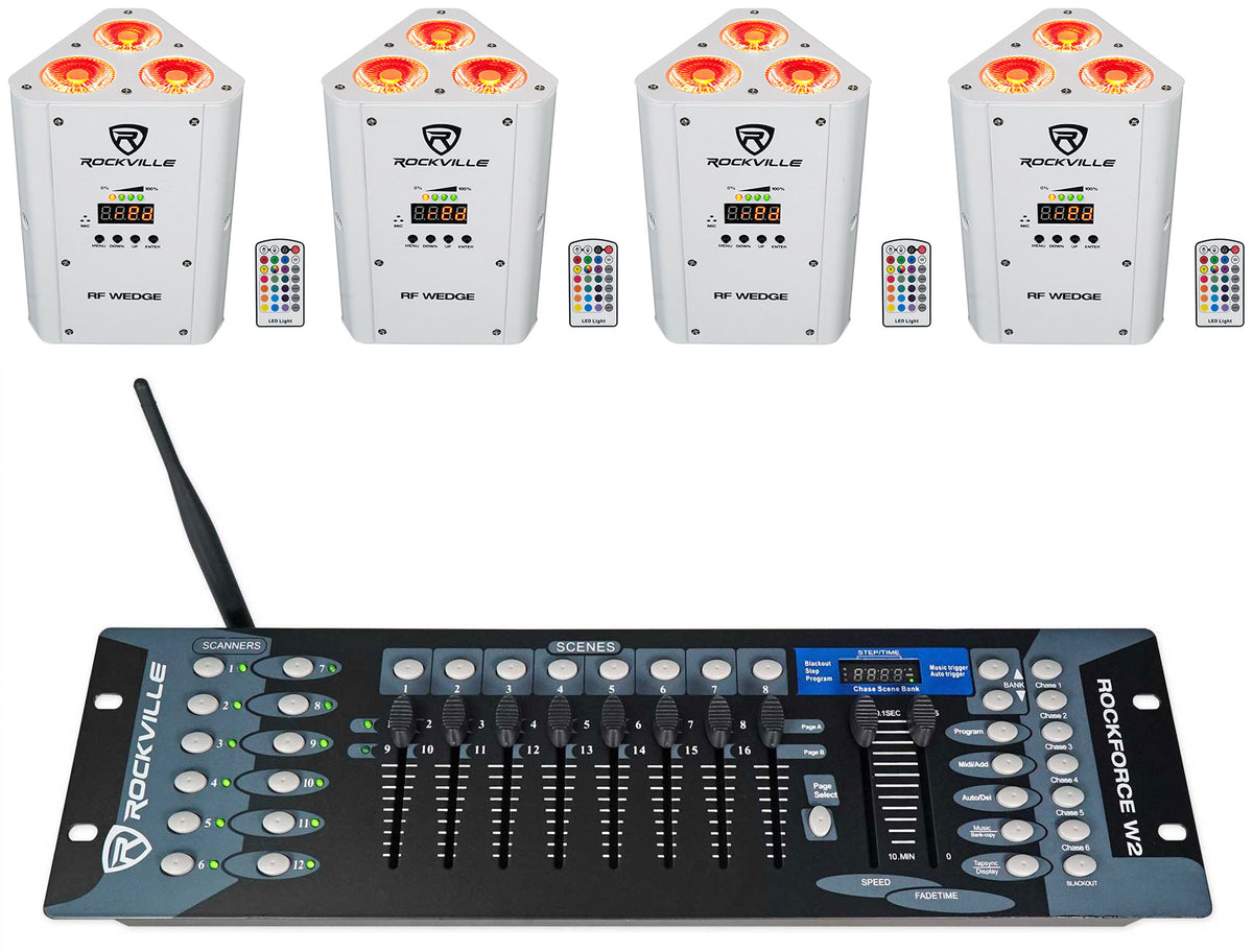 (4) RF WEDGE WHITE RGBWA+UV Battery Wireless DMX Up Lights+Controller