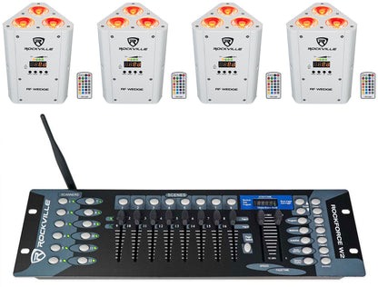 (4) RF WEDGE WHITE RGBWA+UV Battery Wireless DMX Up Lights+Controller