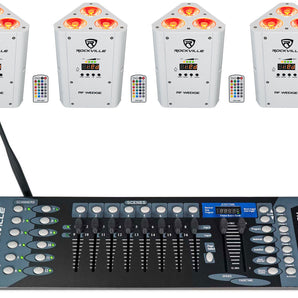 (4) Rockville RF WEDGE WHITE RGBWA+UV Battery Wireless DMX Up Lights+Controller