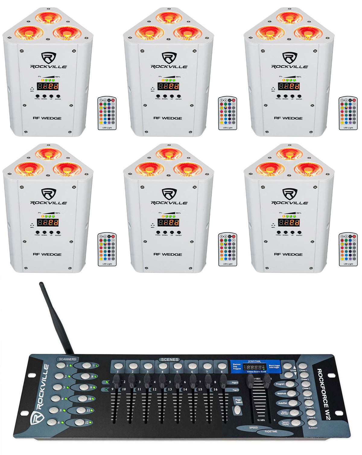 (6) RF WEDGE WHITE RGBWA+UV Wireless DMX Up Lights + ROCKFORCE W2 Controller