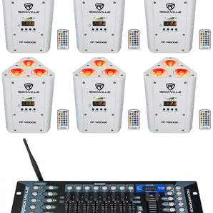 (6) Rockville RF WEDGE WHITE RGBWA+UV Battery Wireless DMX Up Lights+Controller
