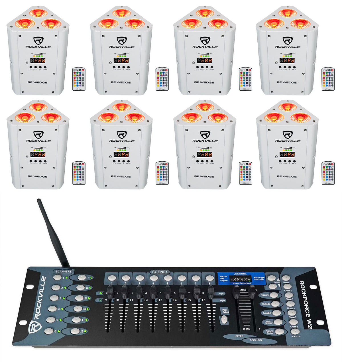 (8) RF WEDGE WHITE RGBWA+UV Battery Wireless DMX Up Lights+Controller