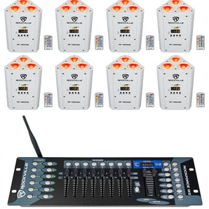 (8) Rockville RF WEDGE WHITE RGBWA+UV Battery Wireless DMX Up Lights+Controller