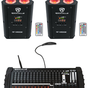 (2) Rockville RF WEDGE BLACK RGBWA+UV Wireless DMX Up Lights+384 Ch. Controller