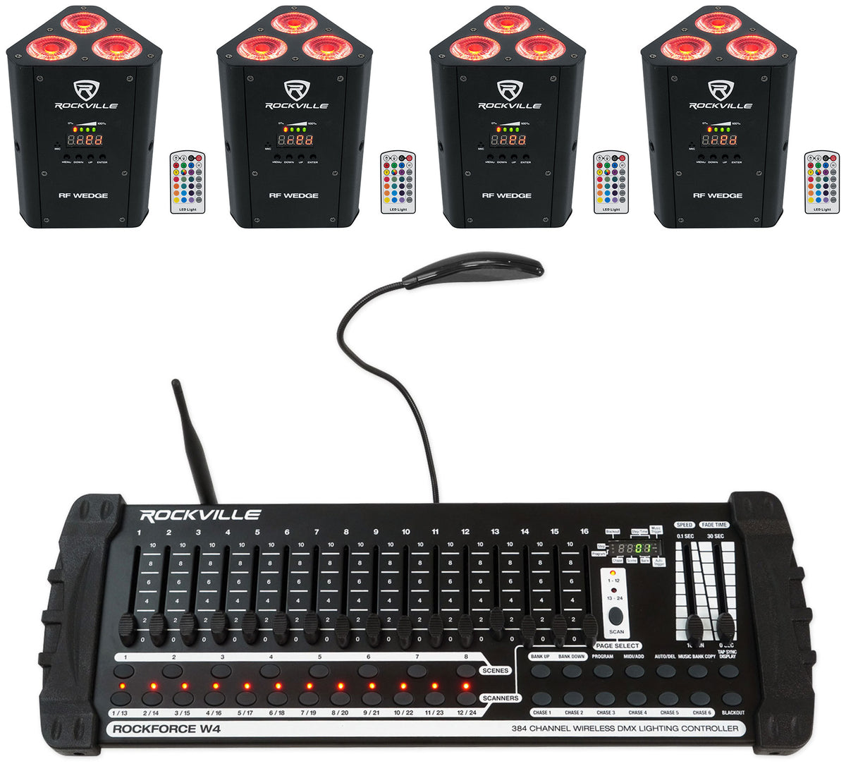 (4) RF WEDGE BLACK RGBWA+UV Wireless DMX Up Lights+384 Ch. Controller