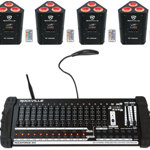 (4) Rockville RF WEDGE BLACK RGBWA+UV Wireless DMX Up Lights+384 Ch. Controller