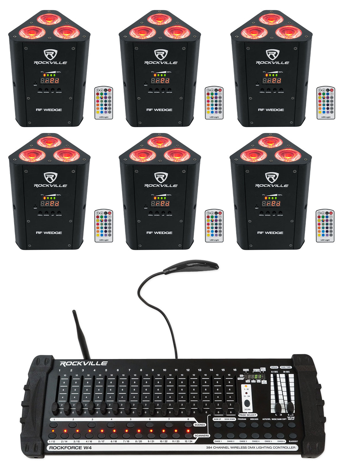 (6) RF WEDGE BLACK RGBWA+UV Wireless DMX Up Lights + ROCKFORCE W4 Controller