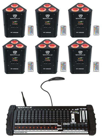 (6) RF WEDGE BLACK RGBWA+UV Wireless DMX Up Lights + ROCKFORCE W4 Controller