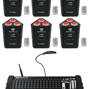 (6) Rockville RF WEDGE BLACK RGBWA+UV Wireless DMX Up Lights+384 Ch. Controller