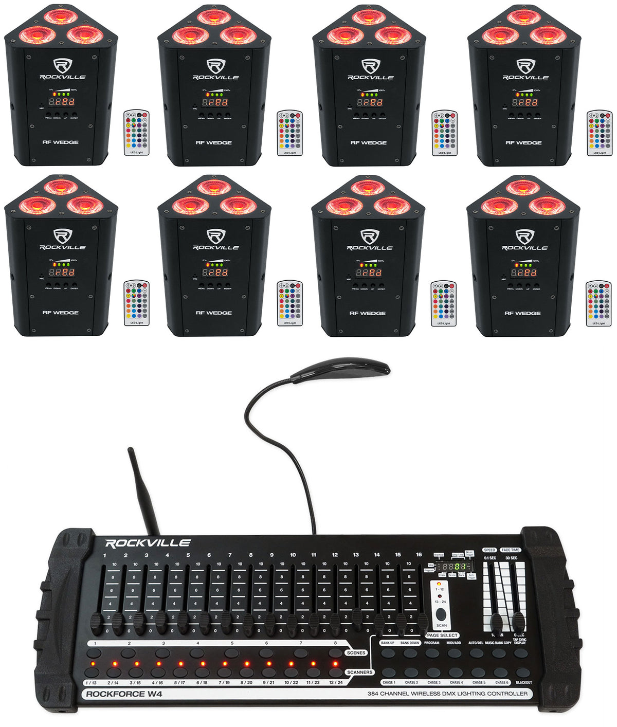 (8) RF WEDGE BLACK RGBWA+UV Wireless DMX Up Lights+384 Ch. Controller