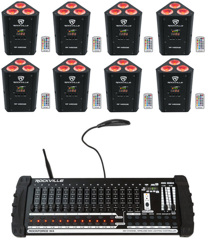 (8) RF WEDGE BLACK RGBWA+UV Wireless DMX Up Lights+384 Ch. Controller