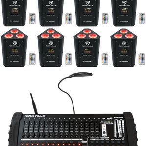 (8) Rockville RF WEDGE BLACK RGBWA+UV Wireless DMX Up Lights+384 Ch. Controller