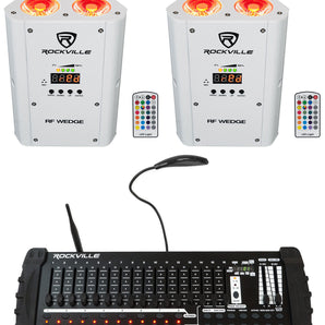 (2) Rockville RF WEDGE WHITE RGBWA+UV Wireless DMX Up Lights+384 Ch. Controller