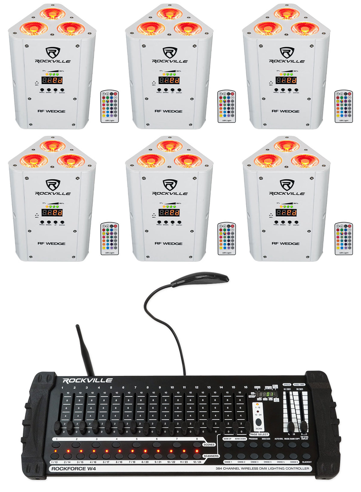 (6) RF WEDGE WHITE RGBWA+UV Wireless DMX Up Lights + ROCKFORCE W4 Controller
