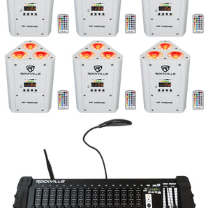 (6) Rockville RF WEDGE WHITE RGBWA+UV Wireless DMX Up Lights+384 Ch. Controller