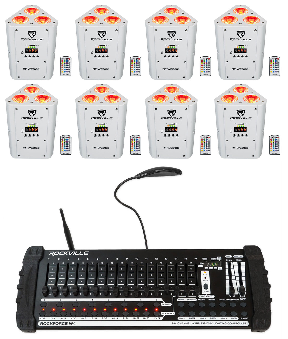 (8) RF WEDGE WHITE RGBWA+UV Wireless DMX Up Lights+384 Ch. Controller
