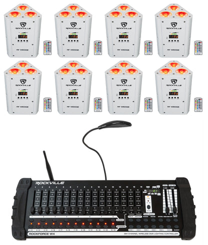 (8) RF WEDGE WHITE RGBWA+UV Wireless DMX Up Lights+384 Ch. Controller
