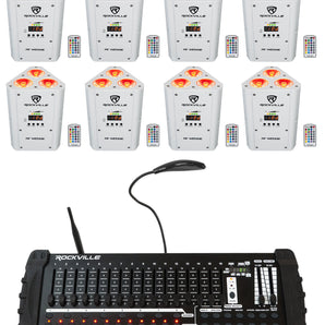 (8) Rockville RF WEDGE WHITE RGBWA+UV Wireless DMX Up Lights+384 Ch. Controller