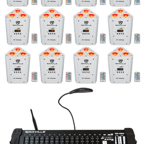 (12) Rockville RF WEDGE WHITE RGBWA+UV Wireless DMX Up Lights+384 Ch. Controller